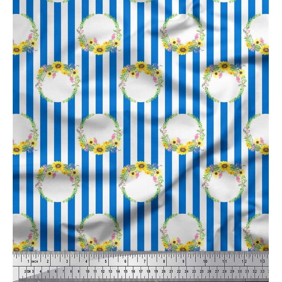 Soimoi Blue Cotton Voile Fabric Wreath & Stripe Print Fabric by Yard 42 Inch Wide