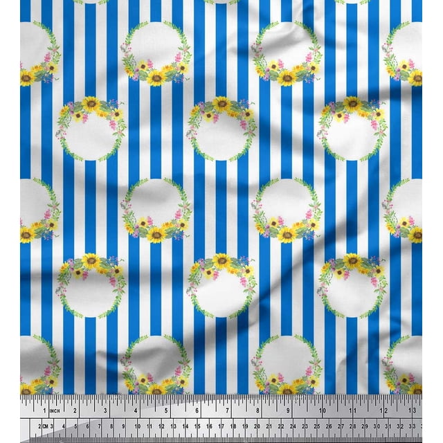 Soimoi Blue Poly Georgette Fabric Wreath & Stripe Print Fabric by Yard 42 Inch Wide