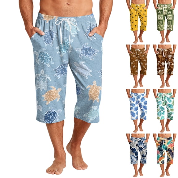 Mens Swim Trunks Men's Casual Resort Hawaiian Print Drawstring Cropped Capri Pants Summer Beach Swim Trunks with Elastic Waist Quick-Dry Shorts for Vacation Travel Coffee L
