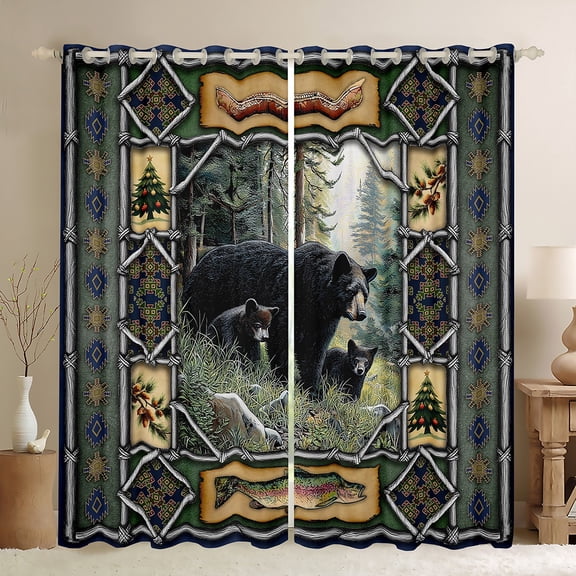 jejeloiu Wildlife Bear Animals Black Out Curtains,Rustic Pine Cone Curtains Pack of 2 (42x63 Each),Fishing And Hunting Bedroom Curtains For Girls Boys,Ultra Soft Home Decor