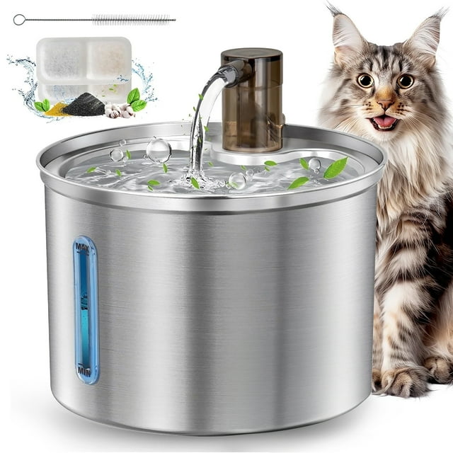 Oneisall 3L/101oz 304 Acero Inoxidable Cat Water Fountain, Dispensador Automático de Agua para Gatos CW-03, Plateado