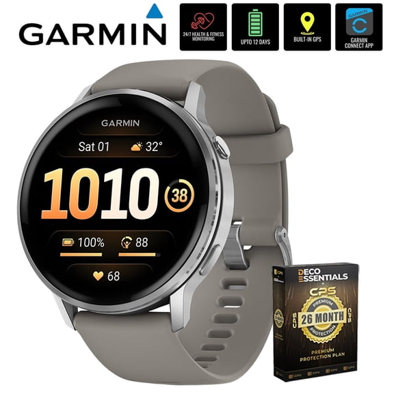Garmin 010-03014-01 Venu 4, 45 mm Health & Fitness GPS Smartwatch, Silver with Silver Gray Band Bundle with Deco Essentials Exclusive 26 Month CPS Enhanced Protection Pack