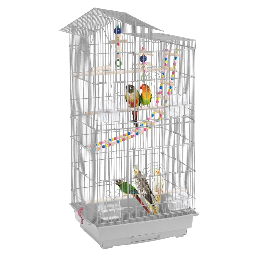 Easyfashion 39" Metal Parrot Cage Bird Cage for Small Birds, Light Gray