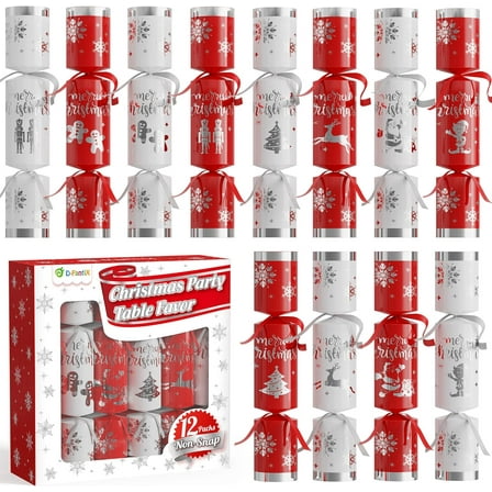D-FantiX 12 Pack Christmas Party Favors with Red & White Snowflake Design, No-Snap Party Table Favors with Party Hats Joke Little Gifts, Xmas Holiday Dinner Traditions Supplies, Gift for Kids Adult