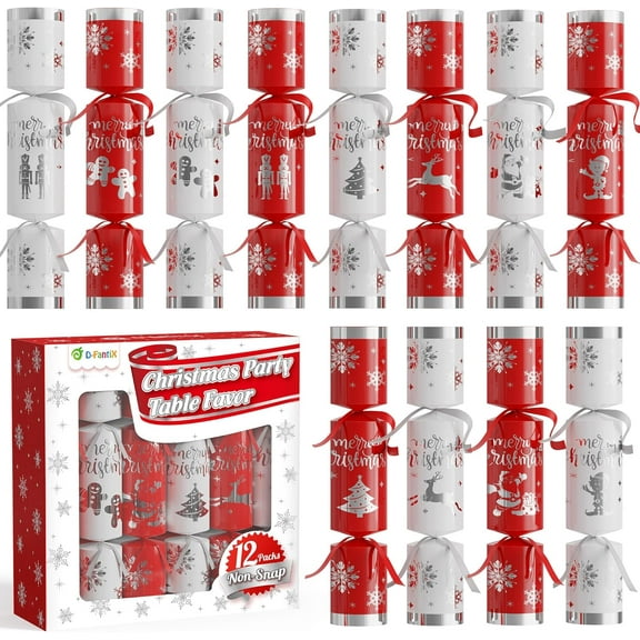 D-FantiX 12 Pack Christmas Party Favors with Red & White Snowflake Design, No-Snap Party Table Favors with Party Hats Joke Little Gifts, Xmas Holiday Dinner Traditions Supplies, Gift for Kids Adult