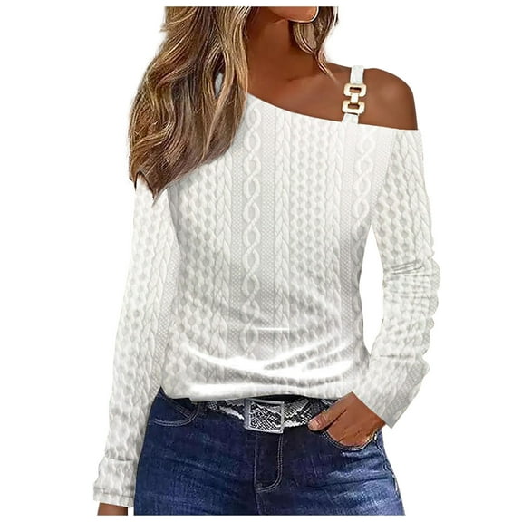 Lovskoo 2024 Long Sleeve Shirts for Women Trendy Casual One Shoulder Drop Shoulder Pullover Top White