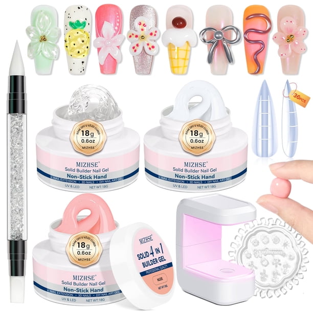 Kit de uñas MIZHSE Solid Builder Gel con lámpara de uñas y 3 colores