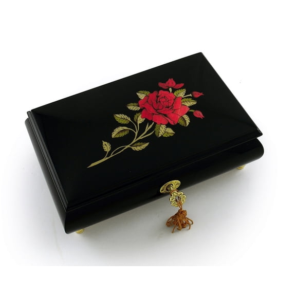 Enchanting 30 Note Black Lacquer Single Red Rose with Gold Hardware Music Jewelry Box - I Want It That Way (Backstreet Boys)