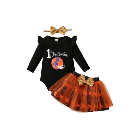 

Mioliknya Newborn Infant Baby Girl First Halloween Outfits Romper Bodysuit Tops Tutu Skirts Headband 3Pcs Clothes Set