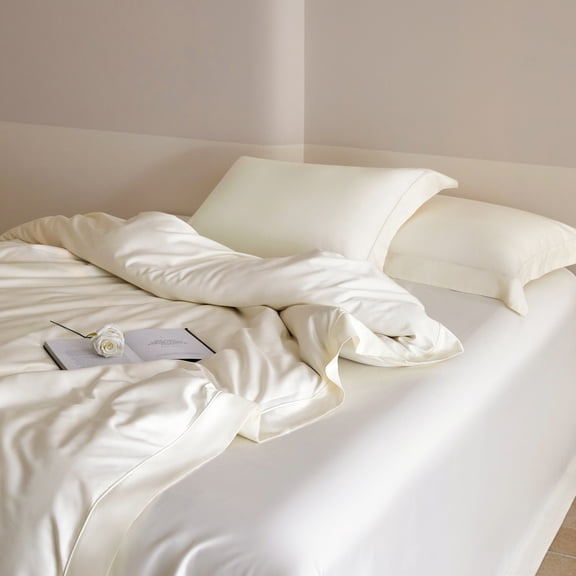 DCSKY 100% Cotton Duvet Cover Set, High Thread Count Luxury 3-Piece Bedding, Cream White, Queen