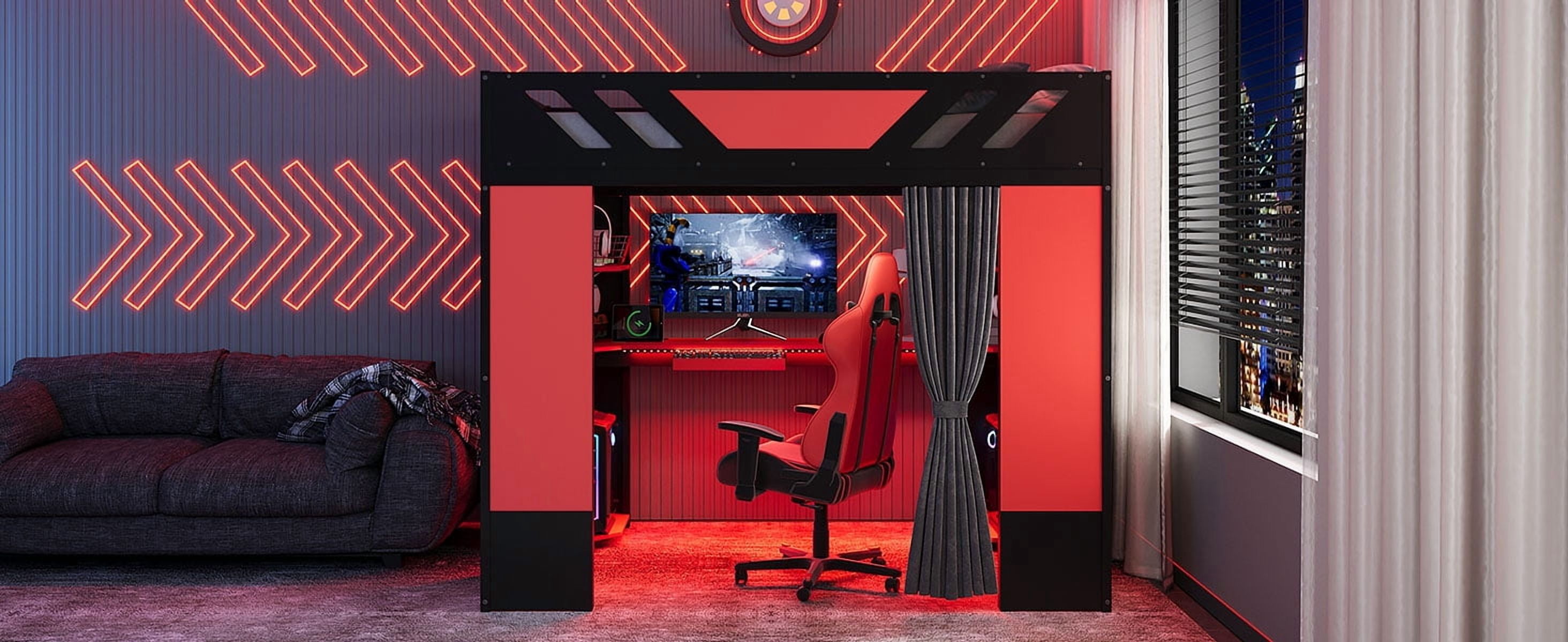 Mintazer Full Size Loft Bed with RGB Light & Desk, Cool Gaming Bed with Blackout Curtains & Storage Shelves for Dorm, Apartment, Black & Red
