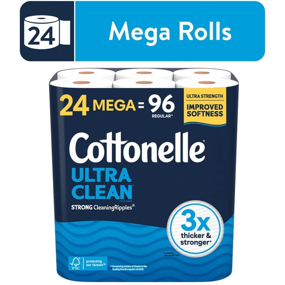 Cottonelle Ultra Clean Toilet Paper, Strong Toilet Tissue, 24 Mega Rolls