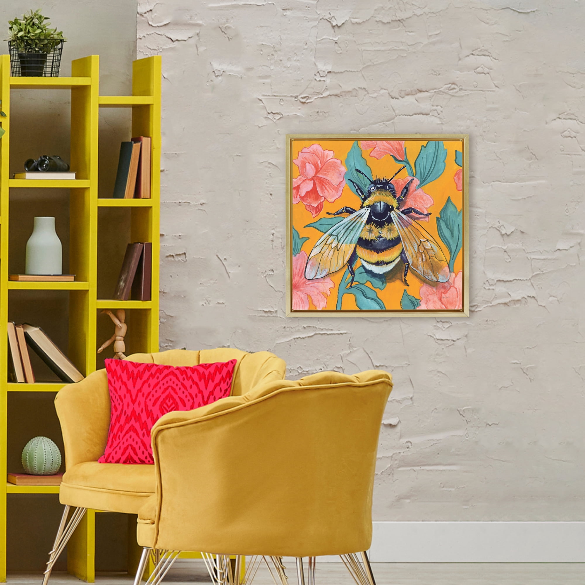 Stupell Industries Bumble Bee & Flower Pattern Gold Framed Floater Canvas Wall Art, design by Kate Jarvik Birch