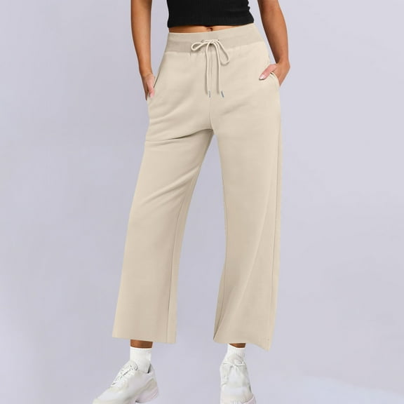 Makaor Sweatpants for Women Wide Leg with Pockets Straight Leg Solid Baggy Drawstring Loose Trousers Beige 2XL