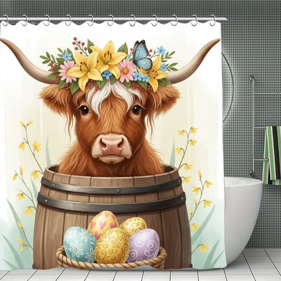 Watercolor Highland Cow Flowers Print Shower Curtain,Modern Fabric Waterproof Shower Curtain Set with Hooks 70.8×70.8Inch (180×180cm)
