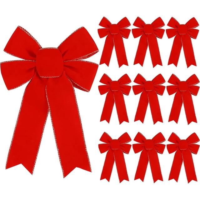 10 Pack Nœuds Rouges Décorations de Sapin de Noël, 9"X13 Pouces Grand Nœud en Velours avec Bord Doré Pailleté pour Couronne Maison Noël Clôture Escaliers Rampe Cheminée Intérieur Extérieur Porte d'Entrée Décor