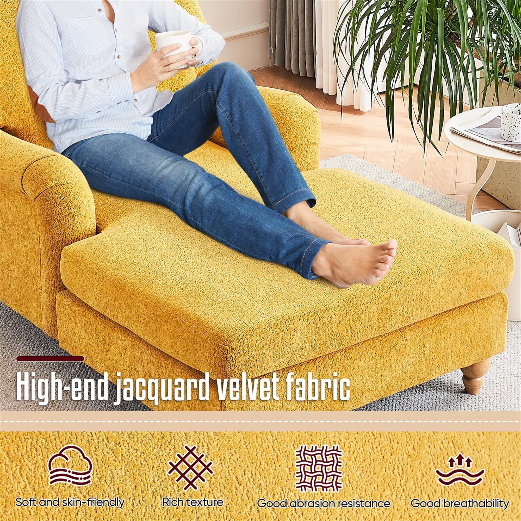 Aukfa Modern Oversized Chaise with Adjustable Backrest, Sleeper Chair Sofa Recliner for Living Room, Yellow