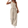 thumbnail image 3 of Women's Summer Two Piece Outfit Linen Cotton Sleeveless V Neck Button Down Vest High Waist Wide Leg Pants Set Office Lady Suit - Casual Summer Business Suits Tracksuit 2026 Beige XL, 3 of 6