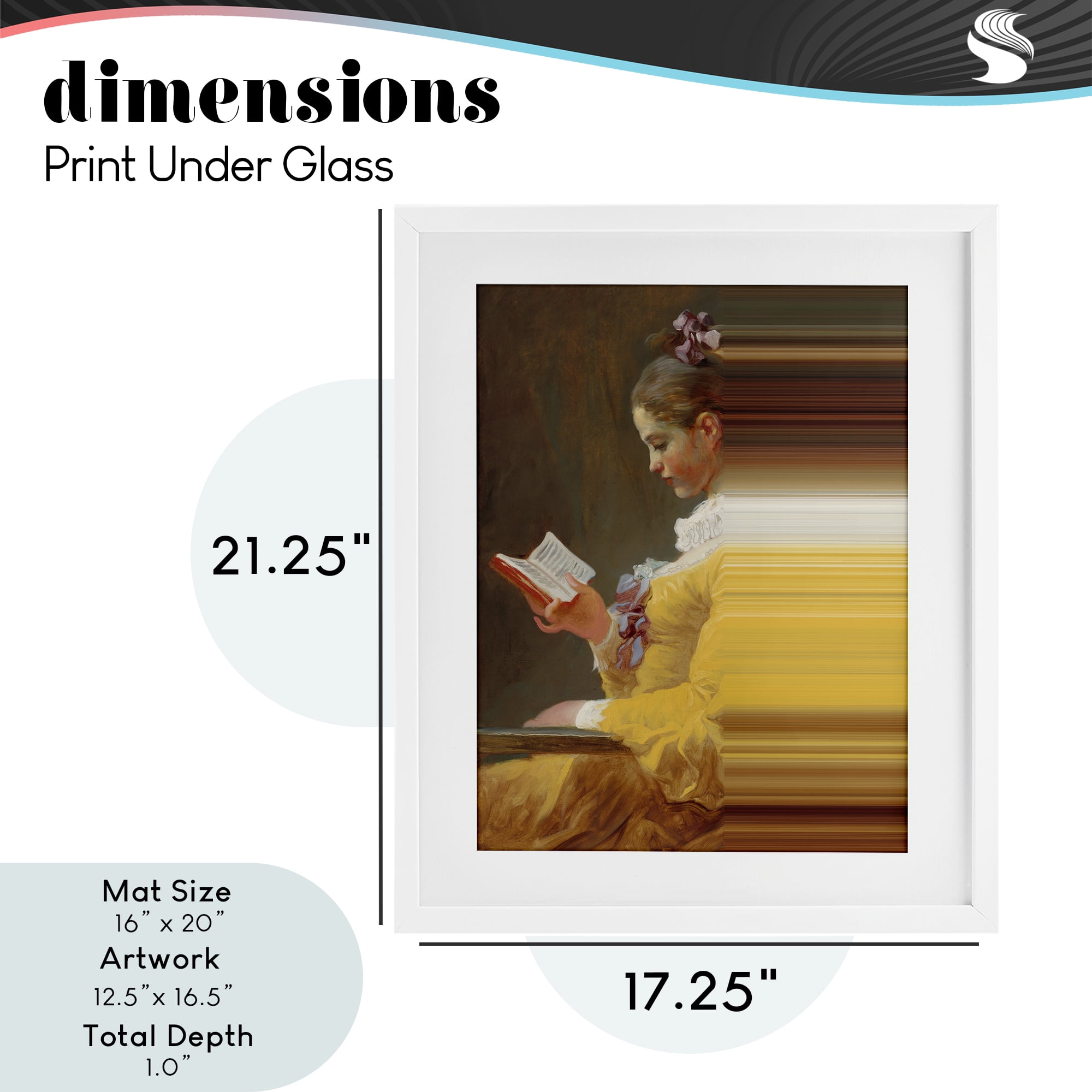 Vintage Lady Reading with Gradient Streaks White Framed Print Under Glass, design by Seven Trees Design