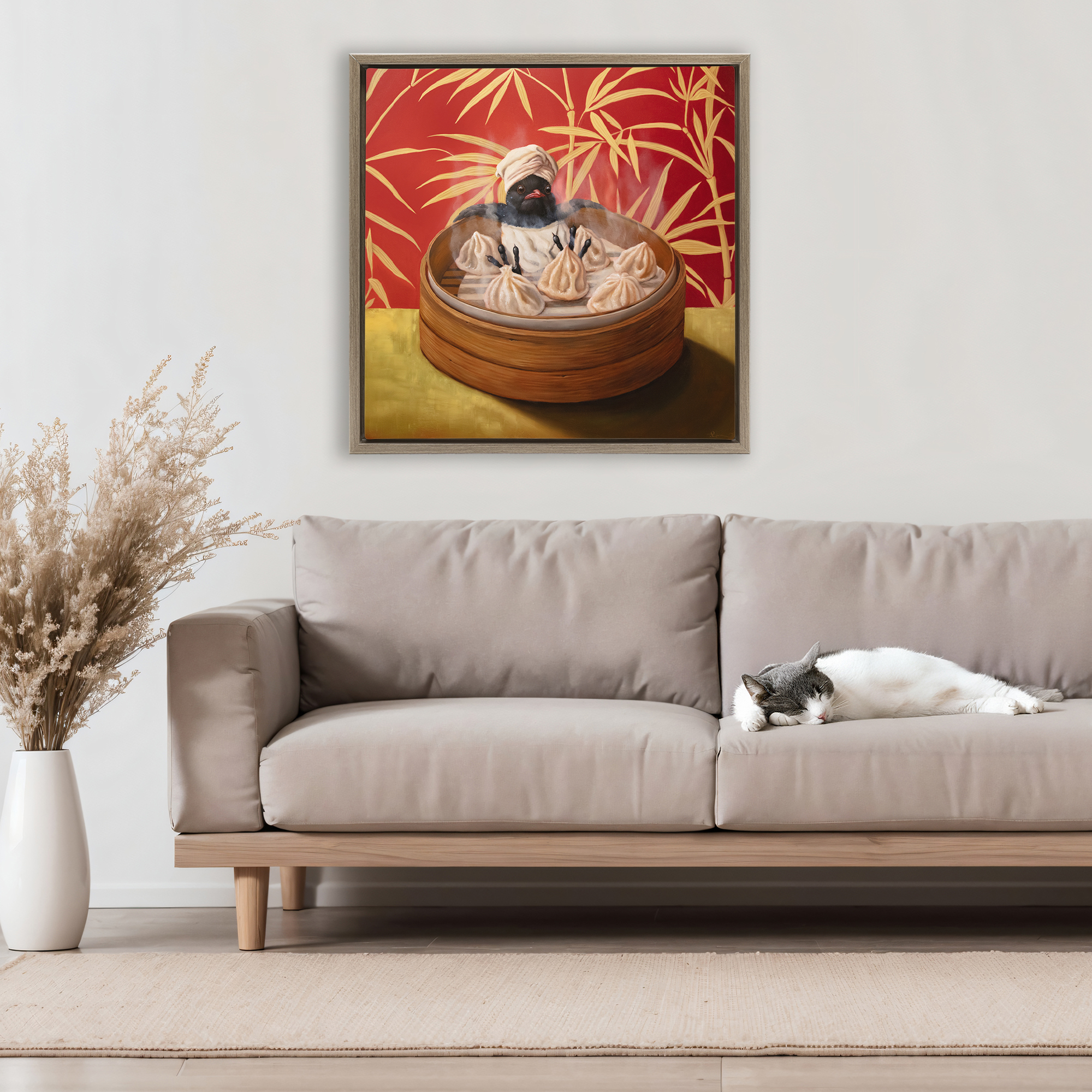 Bamboo Steamer Bird Brown Framed Floater Canvas Wall Art, design by Lucia Heffernan