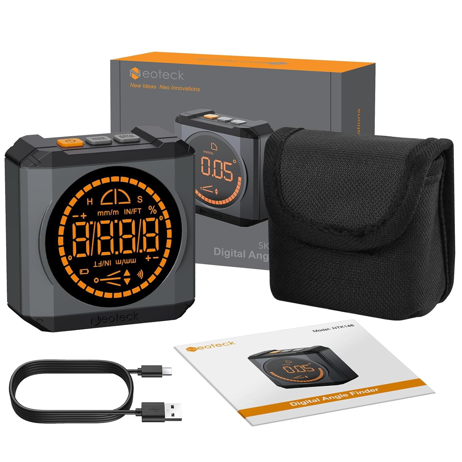 Neoteck Rechargeable Digital Angle Finder | 0.1° Accuracy Magnetic Level Box | IP54 Waterproof Inclinometer with 4 Units (°, %, IN/FT, mm/m) for Woodworking, Construction & Home Decoration