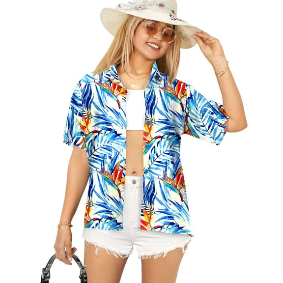 LA LEELA Women's Button Down Blouses Casual Summer Beach Party Blouses Shirt Blouse Short Sleeve Vacation Button up Dress Hawaiian Shirts Tank Top Women XXL Crane Flower, White
