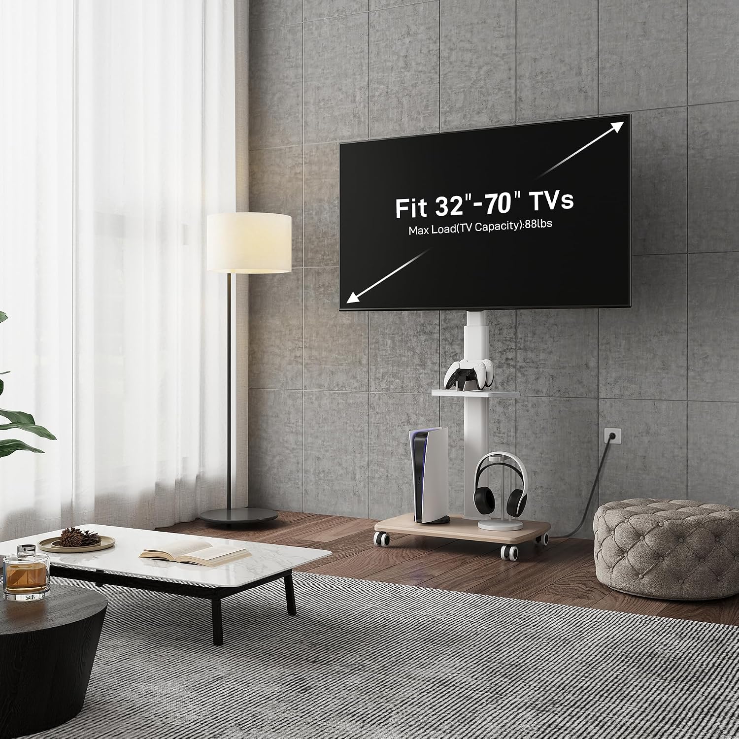 FITUEYES Rolling TV Stand for 32–75 Inch TVs, White, Power Outlet, Swivel Mount