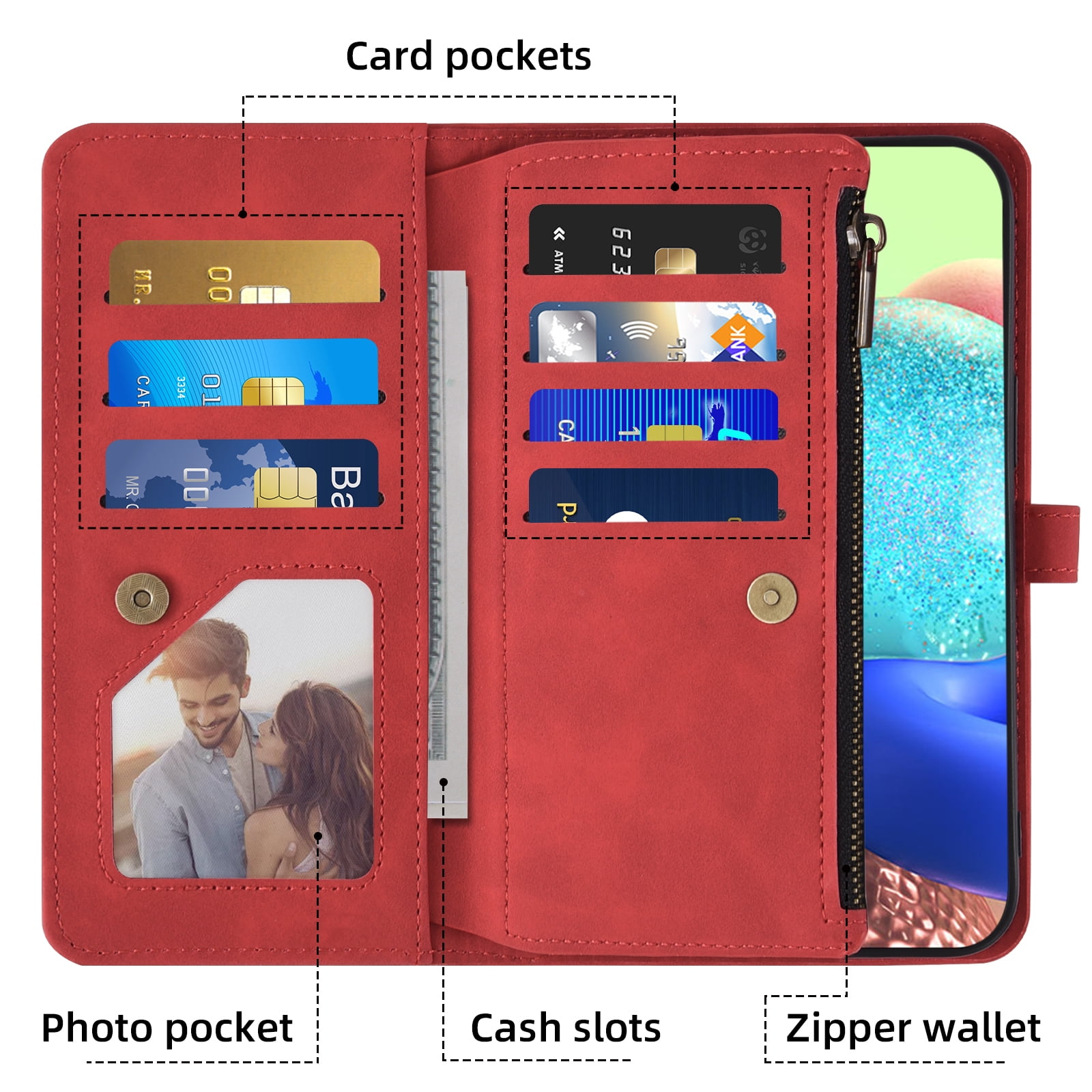 Asuwish Phone Case for Samsung Galaxy A71 5G Wallet Cover With Tempered Glass Screen Protector Crossbody Wrist Strap Flip Pattern Zipper Credit Card Holder Stand Cell A 71 G5 71A S71 Women Men Red
