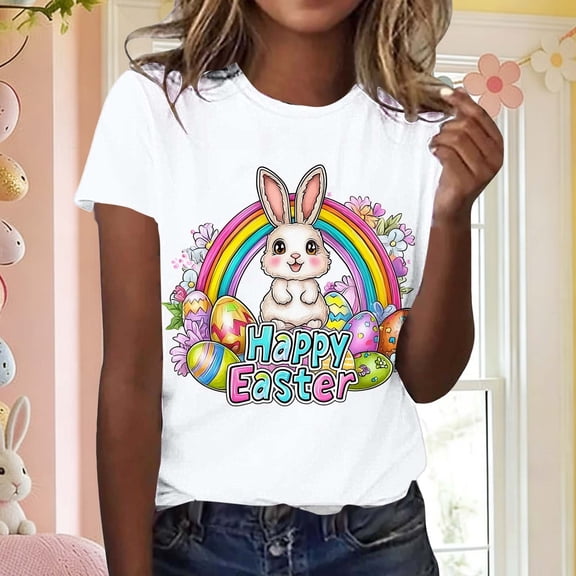 Mifsaly Womens Easter Shirts Short Sleeve Colorful Easter Eggs Print T-Shirts Playful Holiday Loose Casual Tee S