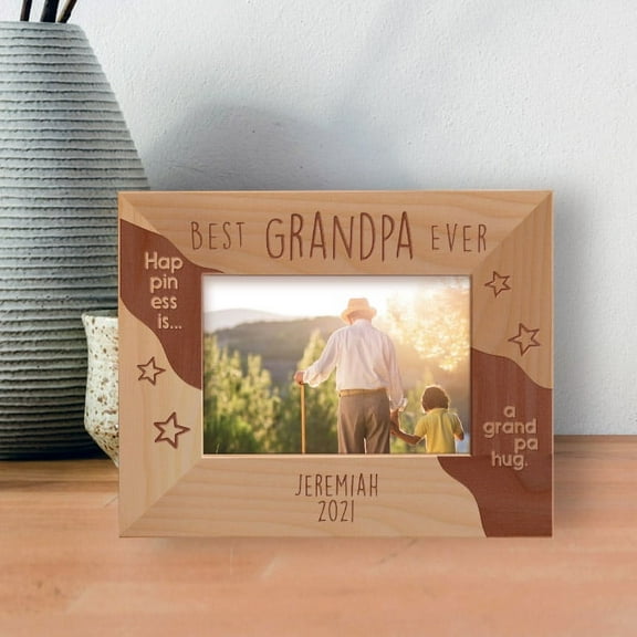Best Grandpa Ever Personalized Wooden Frame-5" x 3 1/2" Brown Horizontal