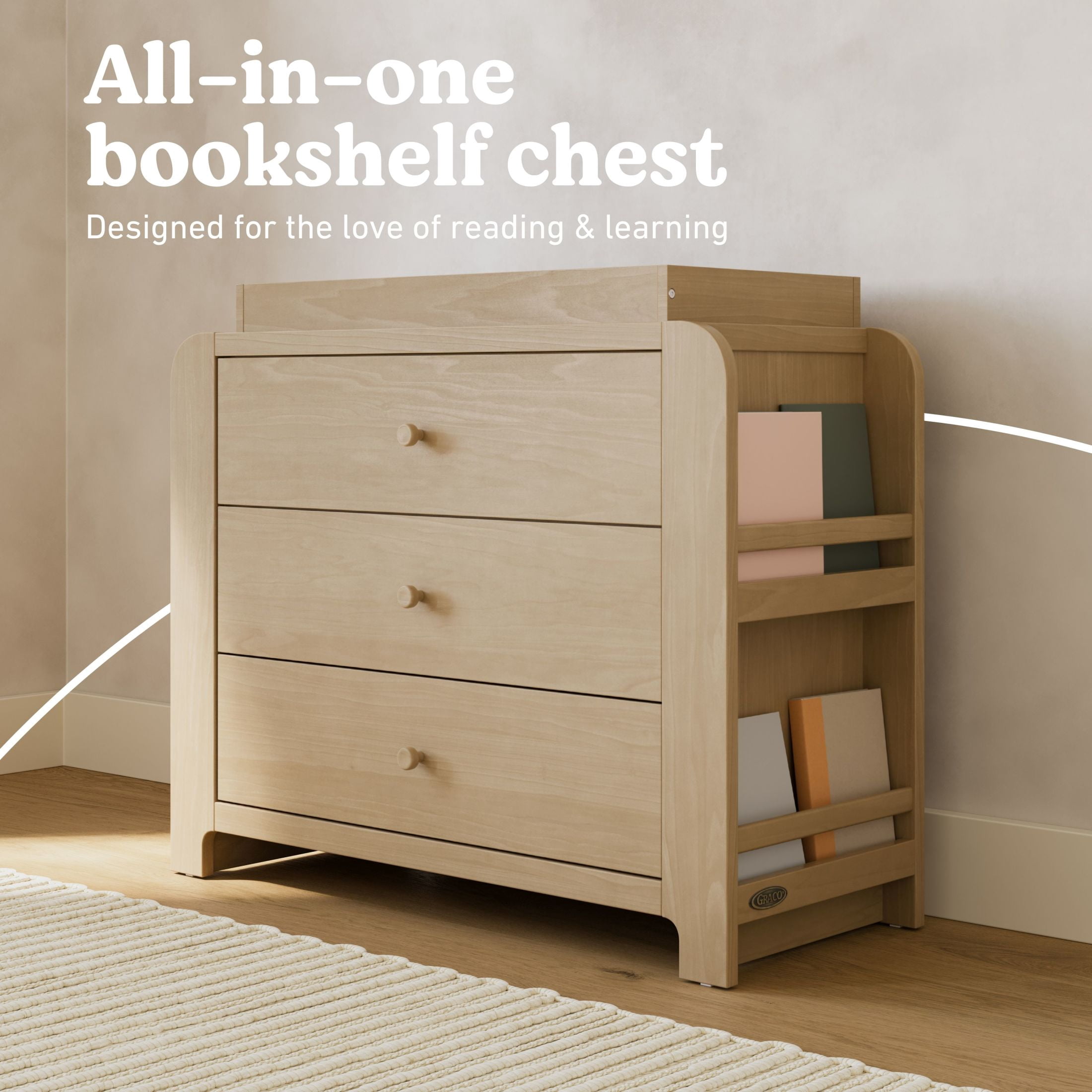 Graco Read-with-Me 3 Drawer Chest with Bookshelves and Removable Infant Changing Topper, Driftwood