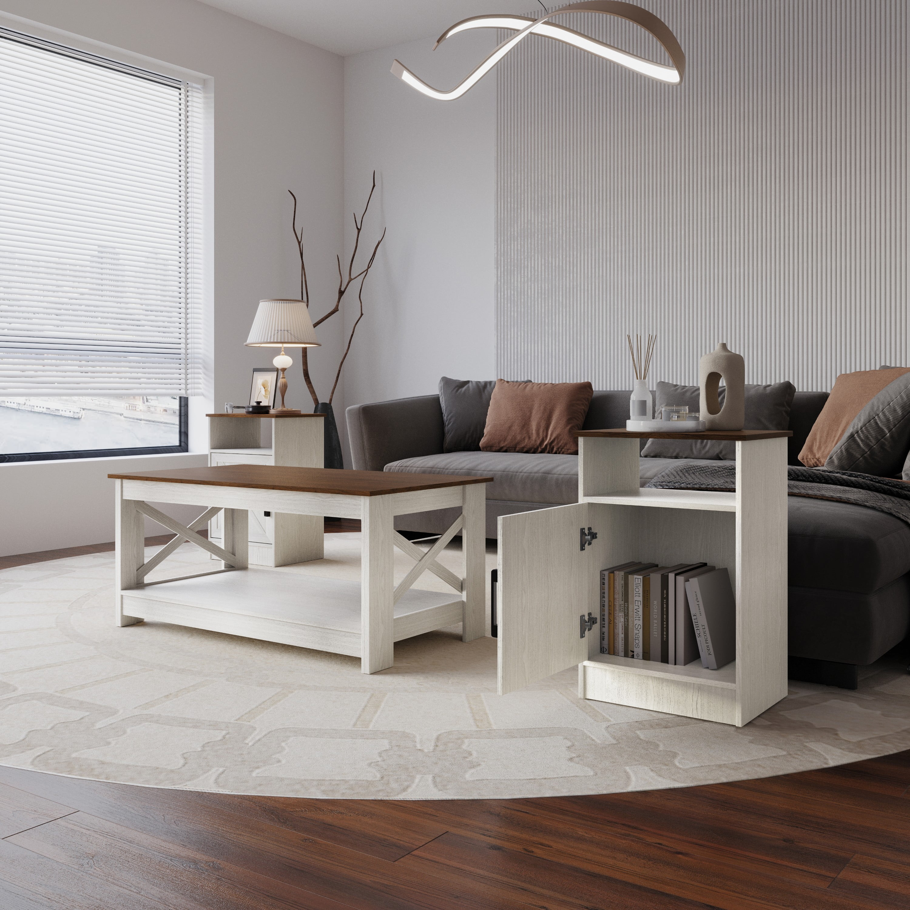 Home Design Lebanon 3 Piece Coffee Table Set - Includes coffee table and 2 end tables, With Soft-Close Doors, Brown/Light Gray, Easy Assembly