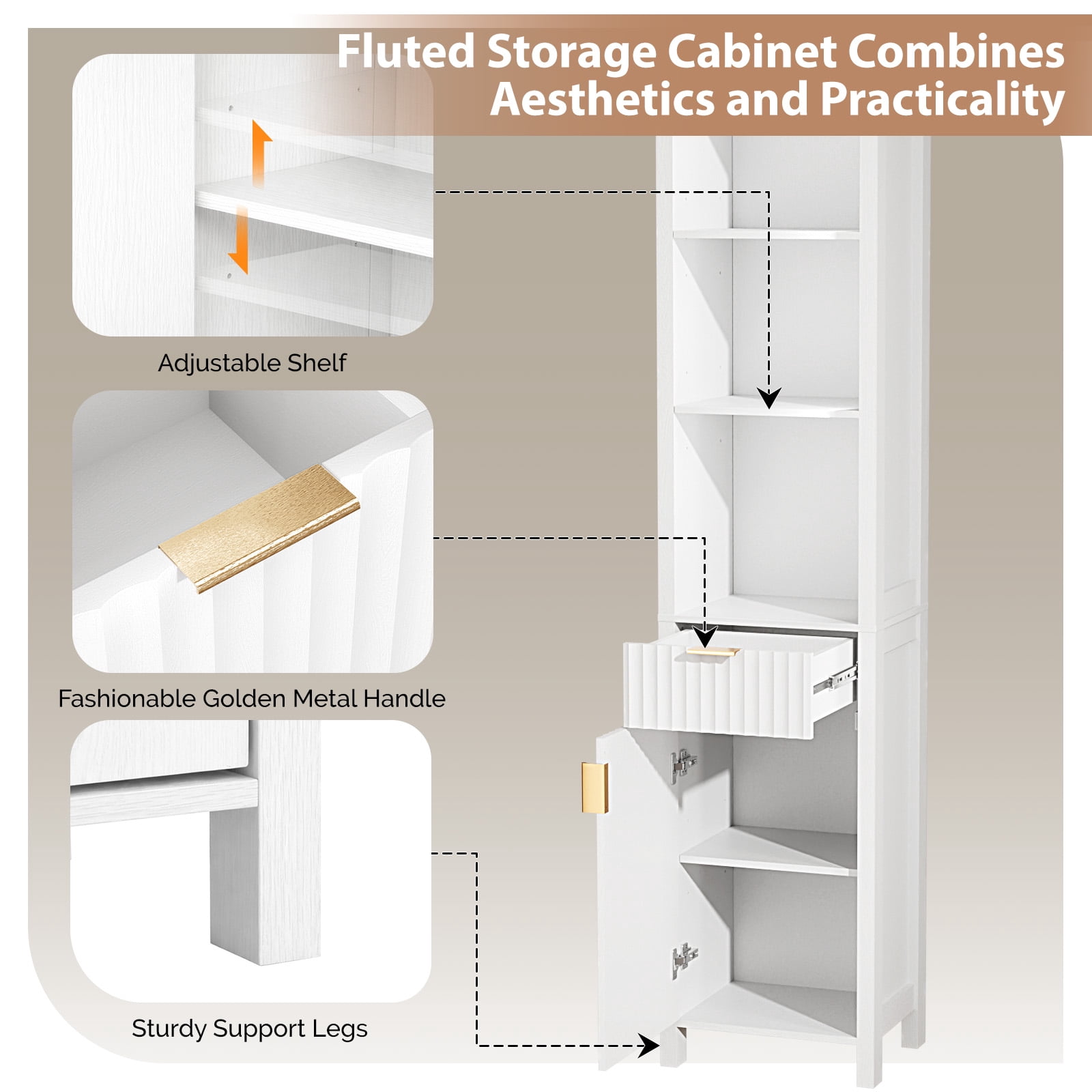 Ktaxon Fluted Bathroom Storage Cabinet Narrow Tall, Freestanding Cabinet Storage Tower with Grille Single Door and One Drawer, White