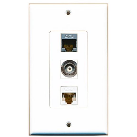 RiteAV - 1 Port Shielded Cat6 Ethernet and 1 Port BNC and 1 Port Cat6 Ethernet White Decorative Wall Plate Decorative
