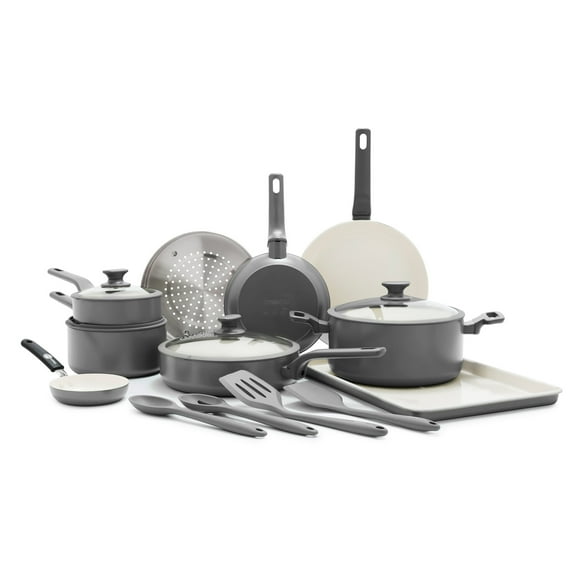 GreenPan Essence 17-Piece Ceramic Nonstick Cookware – Toxin-Free, Dishwasher & Oven Safe, Gray