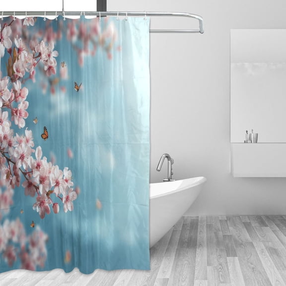 Butterflies Fluttering Among Cherry Blossom Shower Curtains with 12 Hooks Waterproof Bathroom Decor 66" x 72"