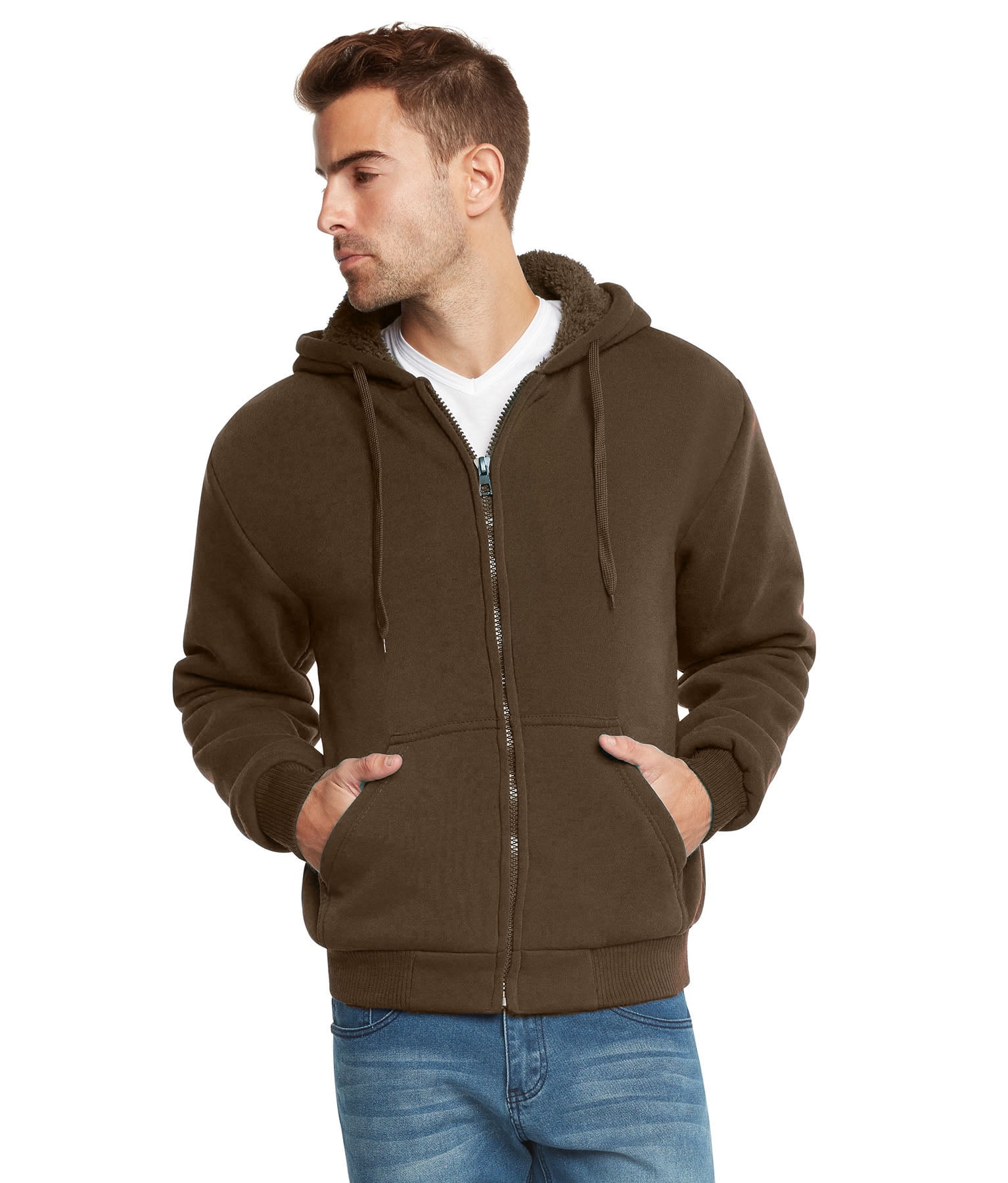 9 Crowns Essentials Mens Full Zip Sherpa Lined Fleece Hoodie Jacket, Size: Medium, Brown