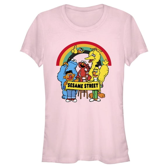 Junior's Sesame Street Crew Rainbow Banner Portrait  Graphic T-Shirt