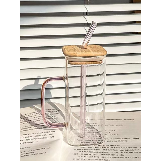 400ml Square Colored Glass Mug With Handle And Cover High Capacity Cold Drink Cup With Straw, Creative Ice Cream Cup