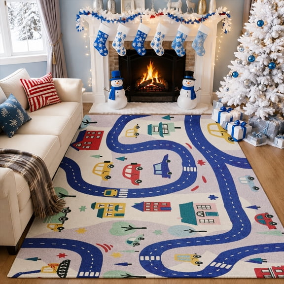 Gelasgo Road Town Map Velvet Area Rug, Colorful Streets and Buildings Decorative Carpet, Soft Indoor Floor Mat for Kids Room Playroom Bedroom Home Decor