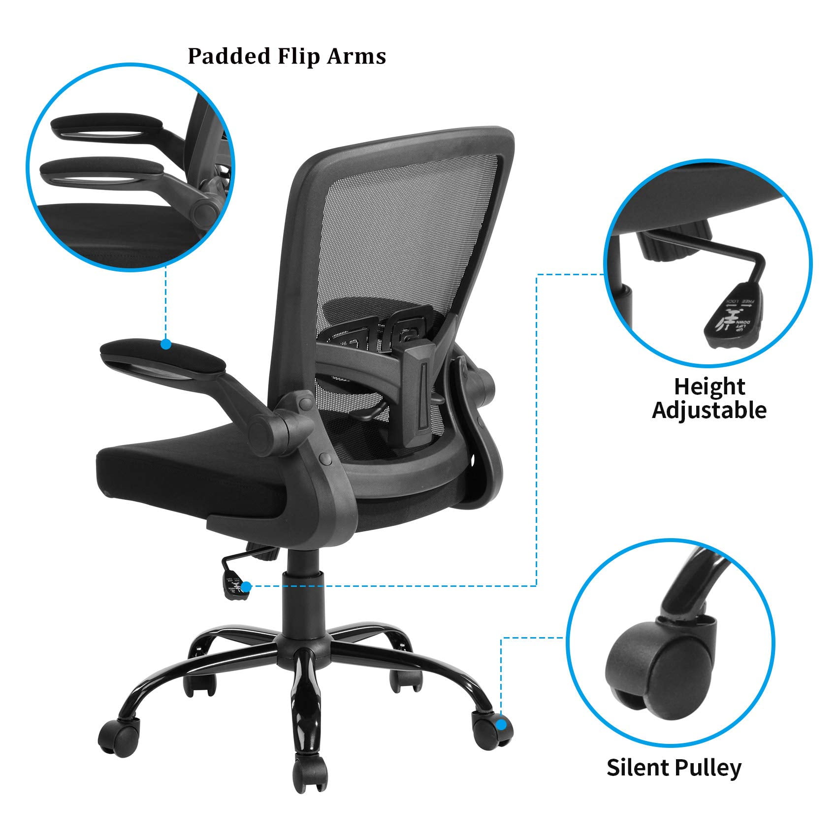 UNICOO® Mid Back Mesh Computer Chair, Office Task Desk Chair, Swivel Home Comfort Chairs with Padded Flip-up Armrests and Adjustable Lumbar Support (RY-N-01-Black)