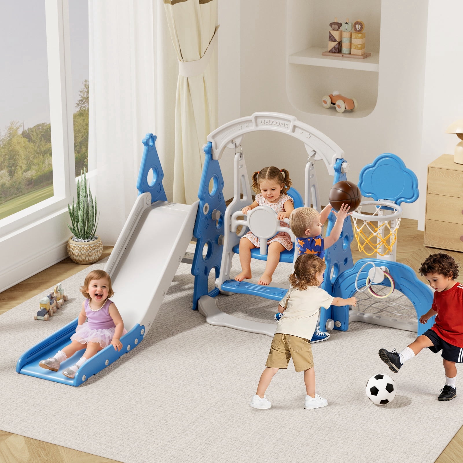 XJD 6-in-1 Toddler Slide and Swing Set, Kids Indoor Outdoor Playset with Basketball Hoop, Backyard Playground for Toddlers 1-3 Years Old, Blue
