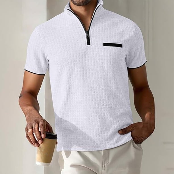 Blusa y camisa de cuello alto de manga corta para hombre, blusa informal de verano a la moda de color liso con cuello alto y cremallera, blusa/camiseta para hombre.