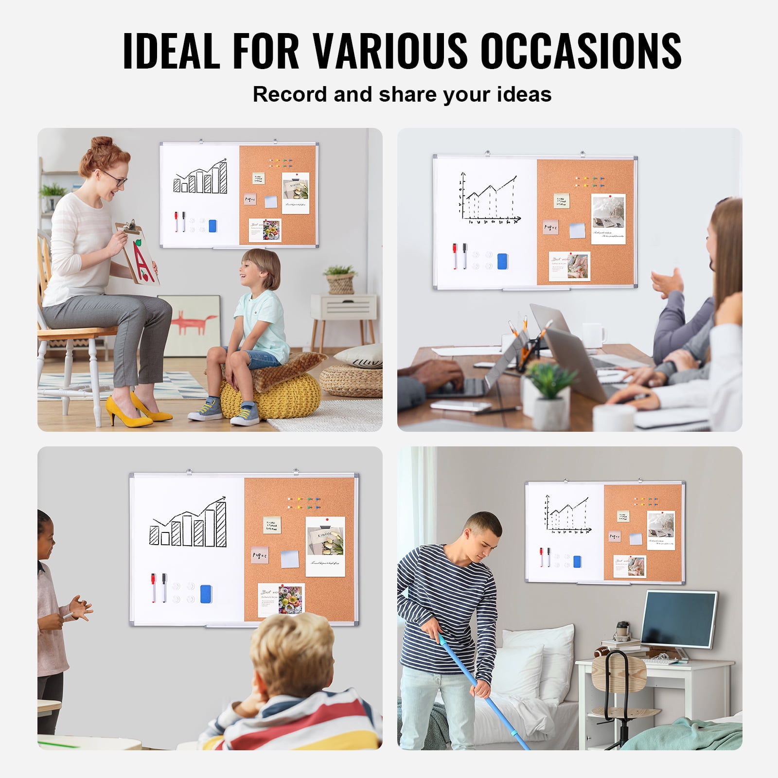 KFFKFF 36"x 24" Dual Cork Board with Aluminum Border, White Board with Magnetic Wipe Clean, Cork Bulletin Board for Wall Installation – Perfect for Educational Institutions, Residences, Workplaces