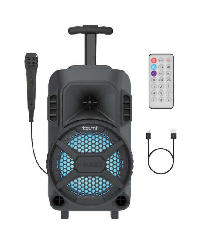 Tzumi MegaBass V2 LED Bluetooth Karaoke Speaker, Rechargeable 18W