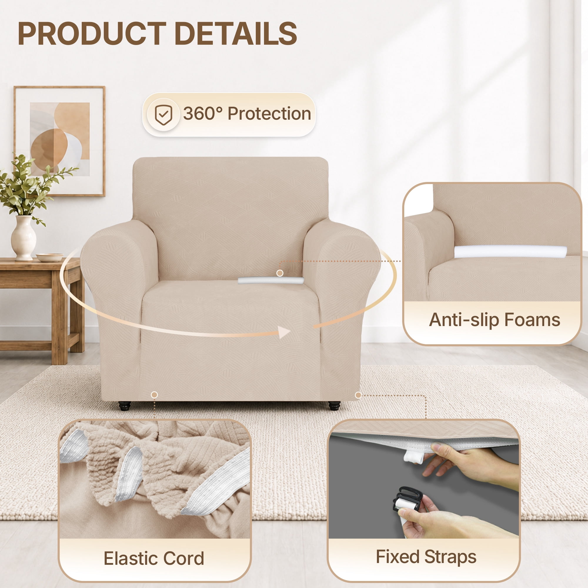 JIATER 1-Piece Sofa Cover Stretch Couch Cover Washable Sofa Slipcover Furniture Protector for 3 Cushion Sofa,Beige