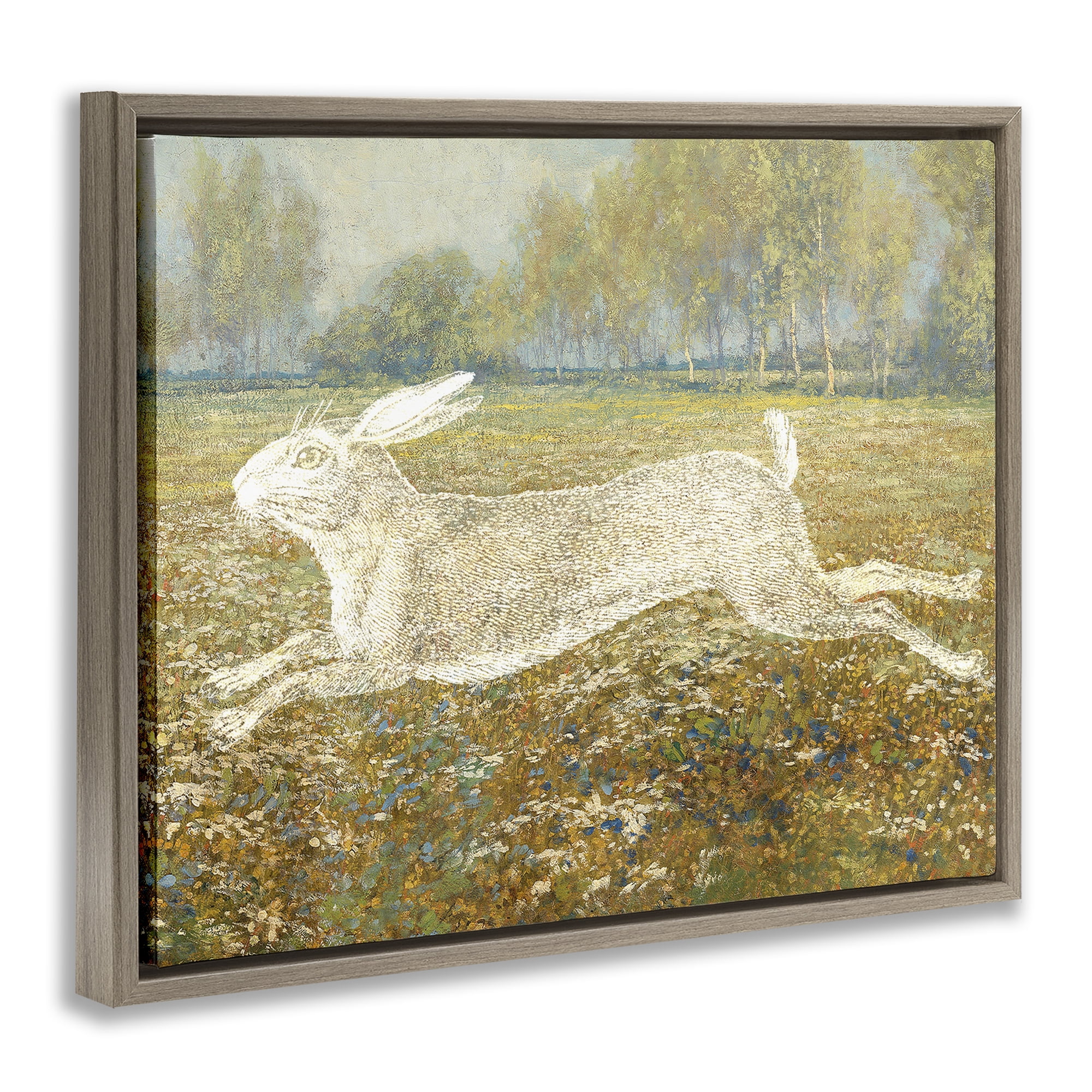 Stupell Industries Impressionist Jumping Hare Landscape & Nature Painting Brown Floater Framed Canvas Art Print Wall Art, 31 x 25