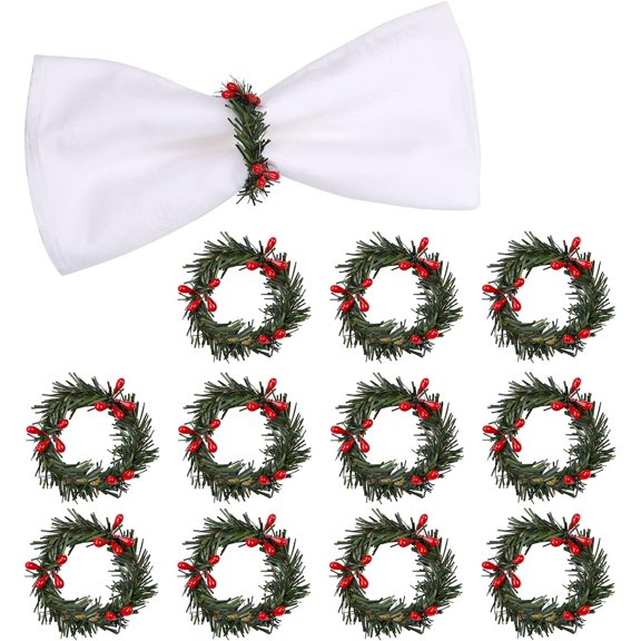 Christmas Napkin Rings Set of 10, Pine Needles Wreath with Red Berry Napkin Holder for Winter, Family Gathering, Banquet, Xmas Serviette Buckles for Table Setting