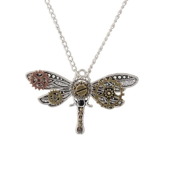 Dragonfly Choker Watch Clock Gear Pendant Necklace , Metal Necklace Steampunk Jewelry 7x4.5cm