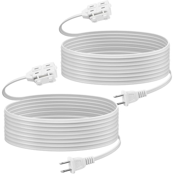 BN-LINK 2 Pack 12ft Indoor Extension Cord, 3 Outlet, 16/2 SPT-2, White, 2-Prong Polarized Plug, Household Power Cord for Home, Office & Holiday Decorations